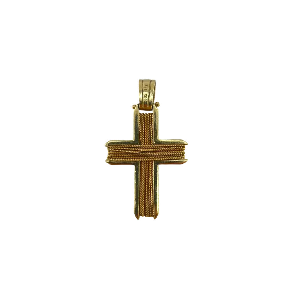 14ct Wire-Wrap Cross Pendent Carat: 14ct Gold Colour: Yellow Gold Length: 36mm Width: 22mm Weight: 6.26g