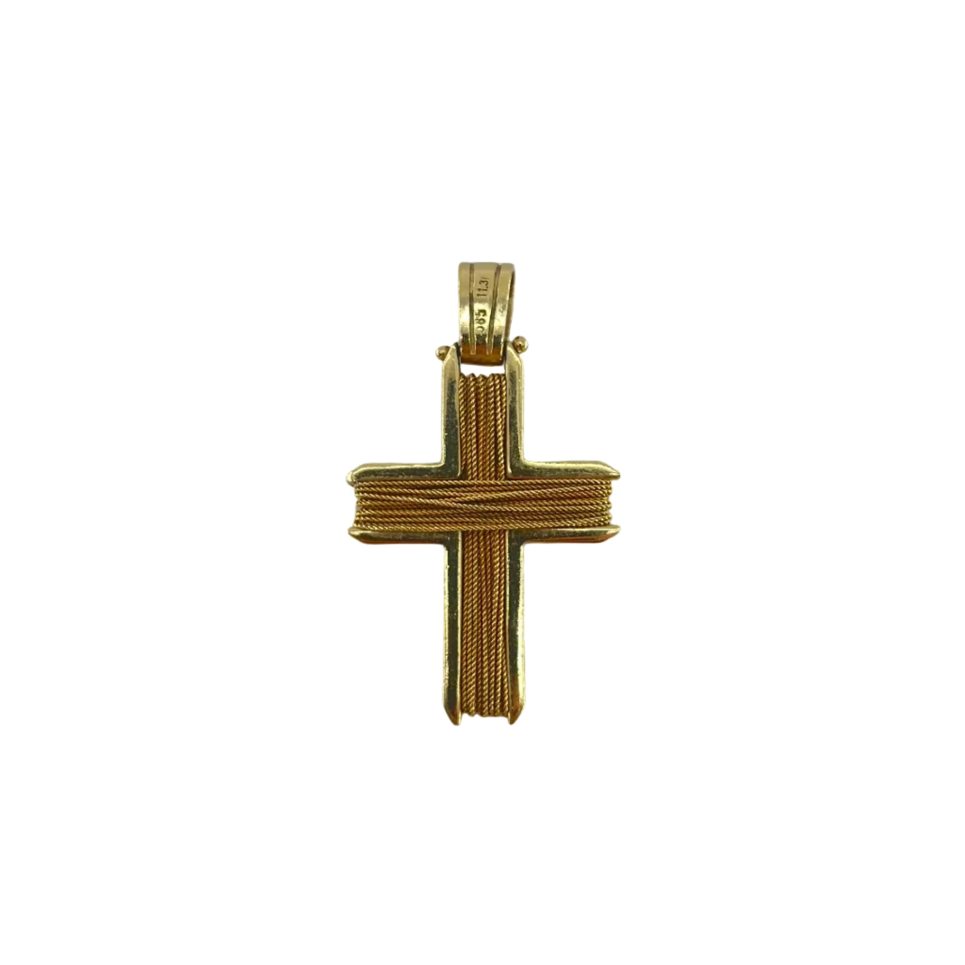 14ct Wire-Wrap Cross Pendent Carat: 14ct Gold Colour: Yellow Gold Length: 36mm Width: 22mm Weight: 6.26g