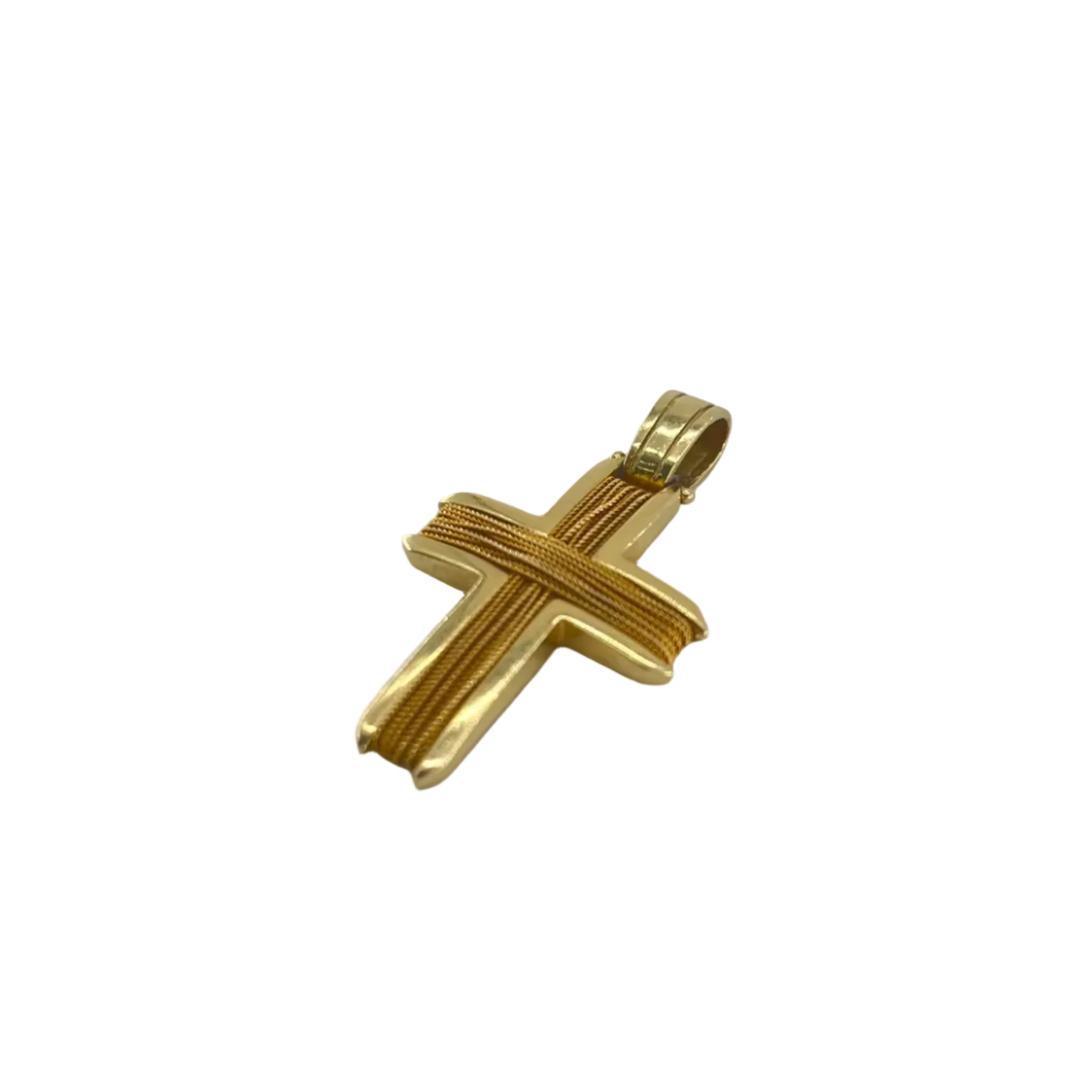 14ct Wire-Wrap Cross Pendent Carat: 14ct Gold Colour: Yellow Gold Length: 36mm Width: 22mm Weight: 6.26g