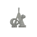 CB STORES pendant in white gold with overlapping Greek Alpha and Omega shapes, set with sparkling VVS diamonds.