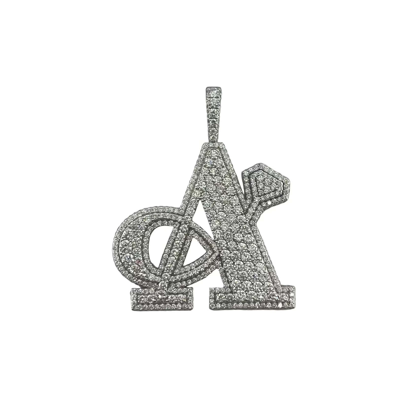 CB STORES pendant in white gold with overlapping Greek Alpha and Omega shapes, set with sparkling VVS diamonds.