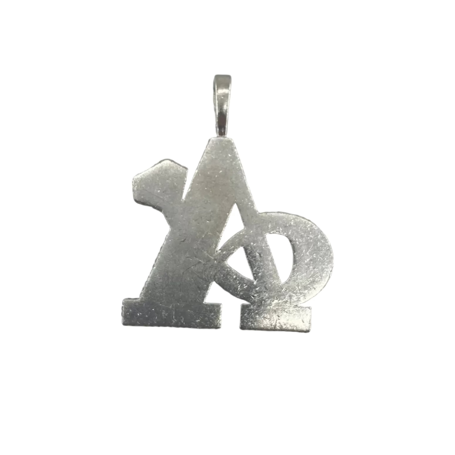 CB STORES pendant in silver with intertwined letters A and D, attached to a small loop, shown on a plain white background.