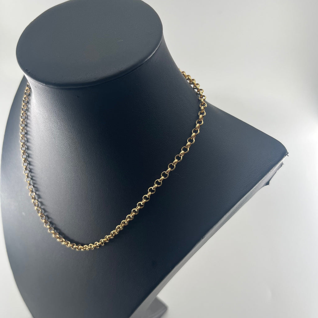 CB STORES yellow gold belcher chain necklace with round links displayed on a black stand against a white background.