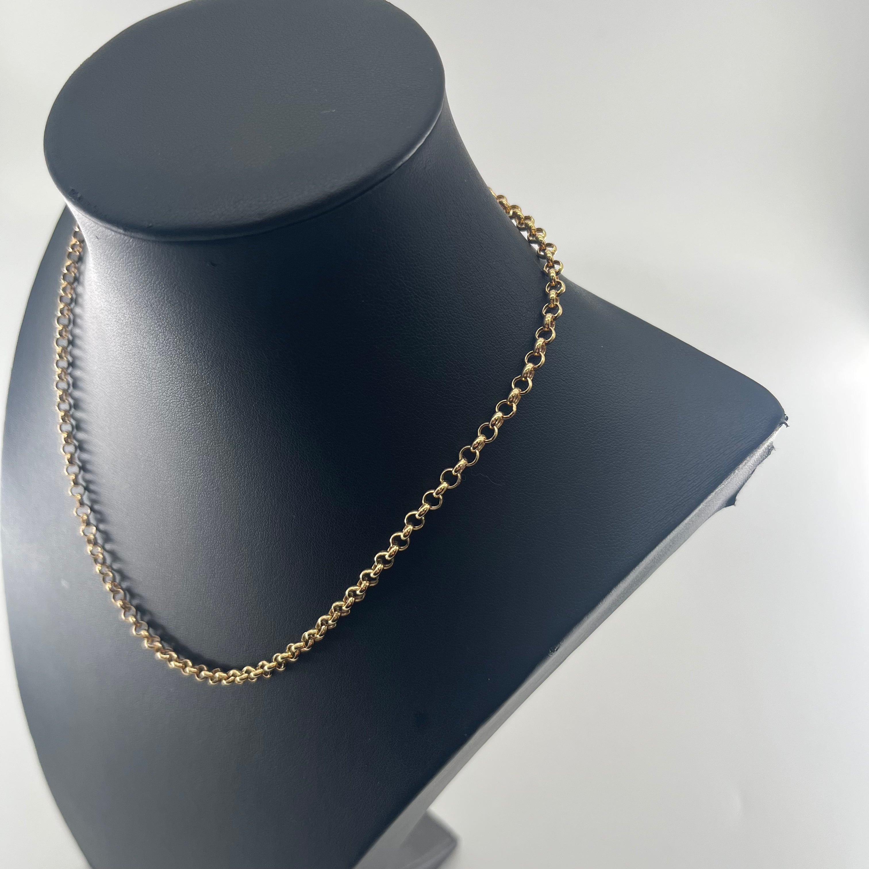 CB STORES yellow gold belcher chain necklace with round links displayed on a black stand against a white background.