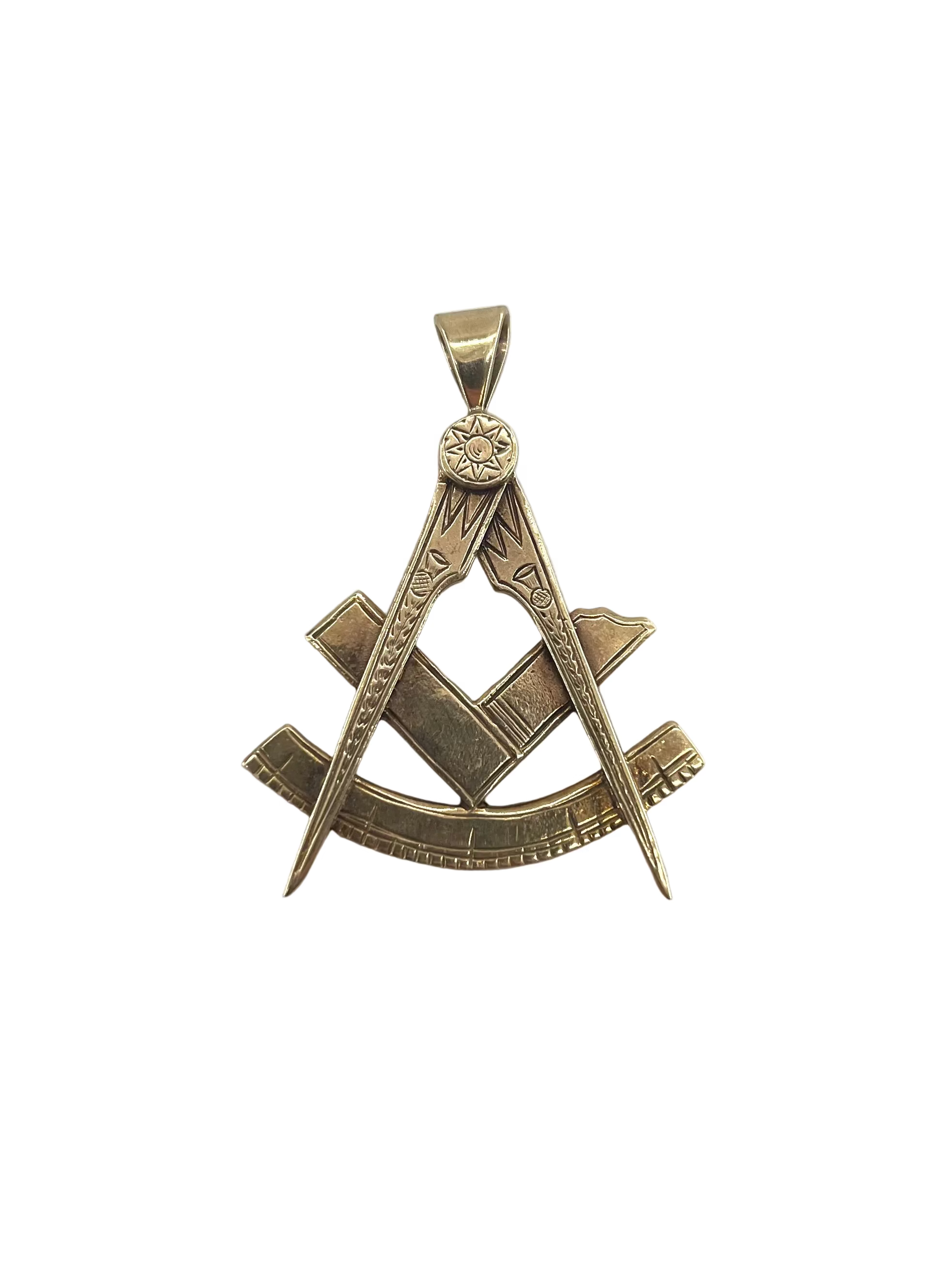 CB Stores 9ct gold pendant with a Freemason square and compasses design and central star, shown against a white background.