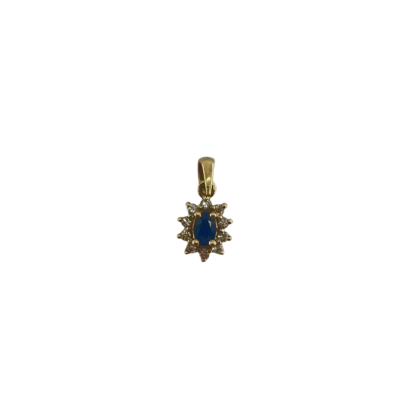 9ct Oval Sapphire & Diamond Pendent Carat: 9ct Colour: Yellow Gold Stones: Sapphire & Diamonds Width: 7mm Length: 11mm