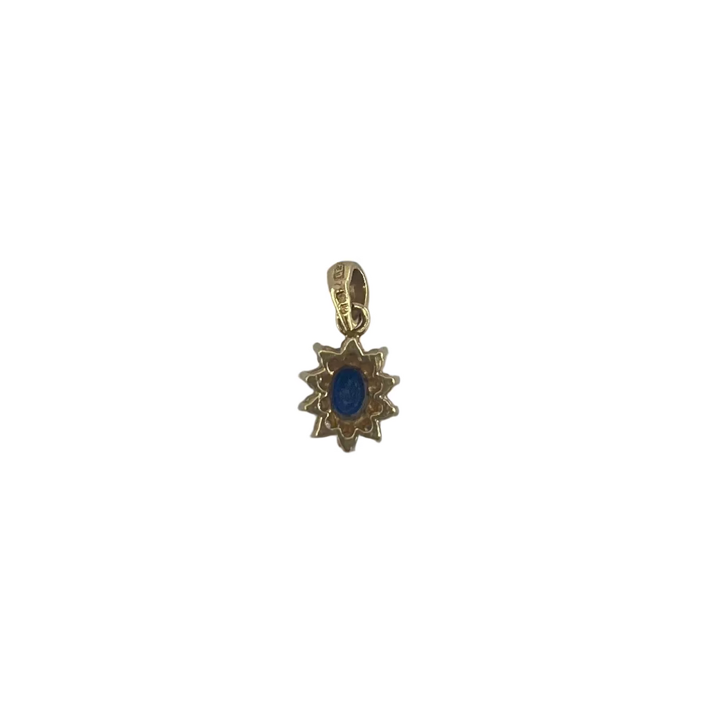 9ct Oval Sapphire & Diamond Pendent Carat: 9ct Colour: Yellow Gold Stones: Sapphire & Diamonds Width: 7mm Length: 11mm