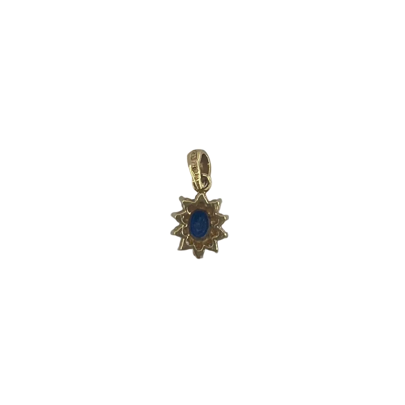 9ct Oval Sapphire & Diamond Pendent Carat: 9ct Colour: Yellow Gold Stones: Sapphire & Diamonds Width: 7mm Length: 11mm