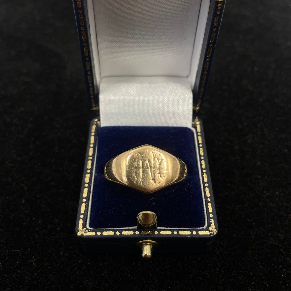 Vintage 9ct Hexagonal Signet Ring with Hand-Engraved Monogram Size W