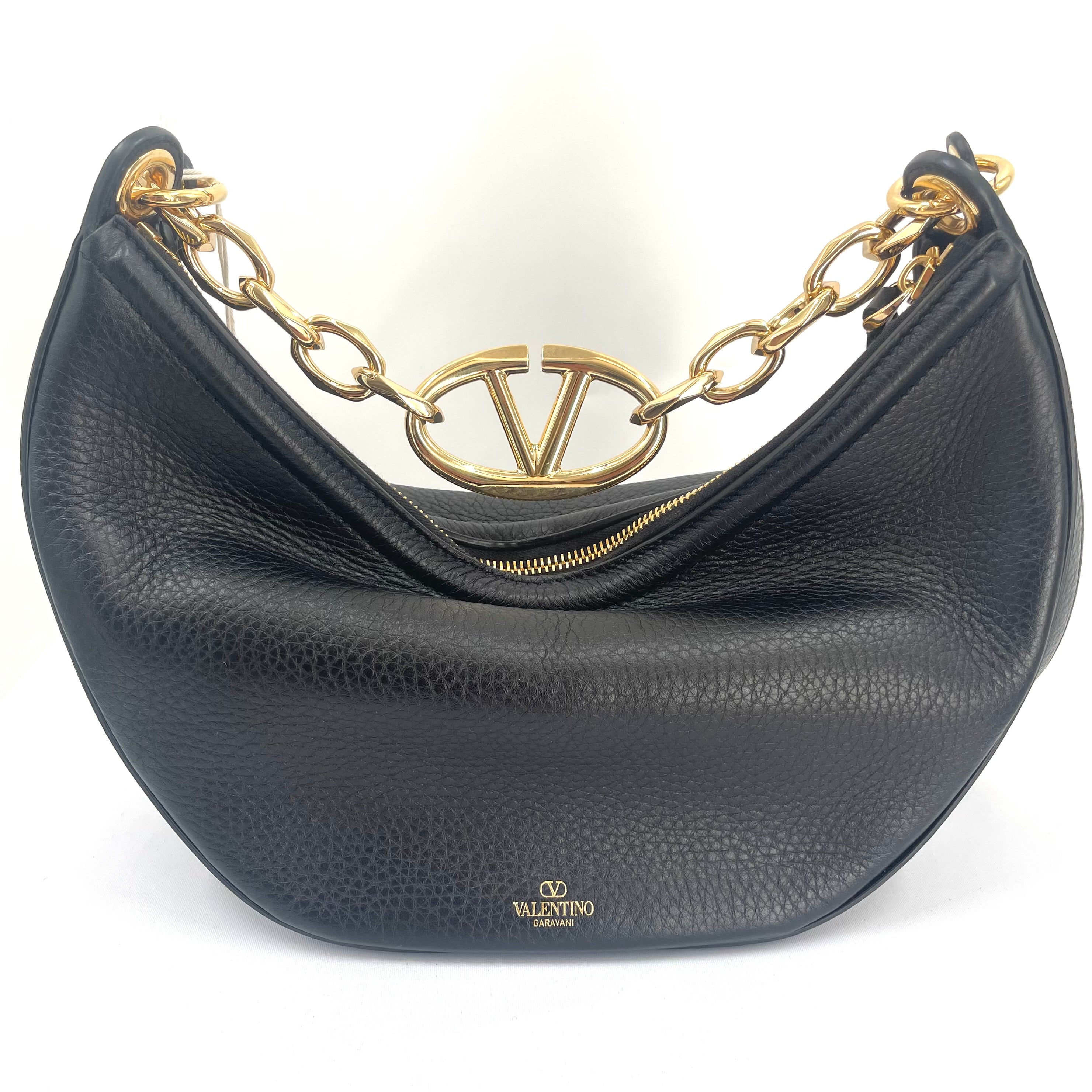 Valentino Garavani VLogo Chain Hobo Shoulder Bag Black Grained Leather Gold Hardware – Brand New with Tags