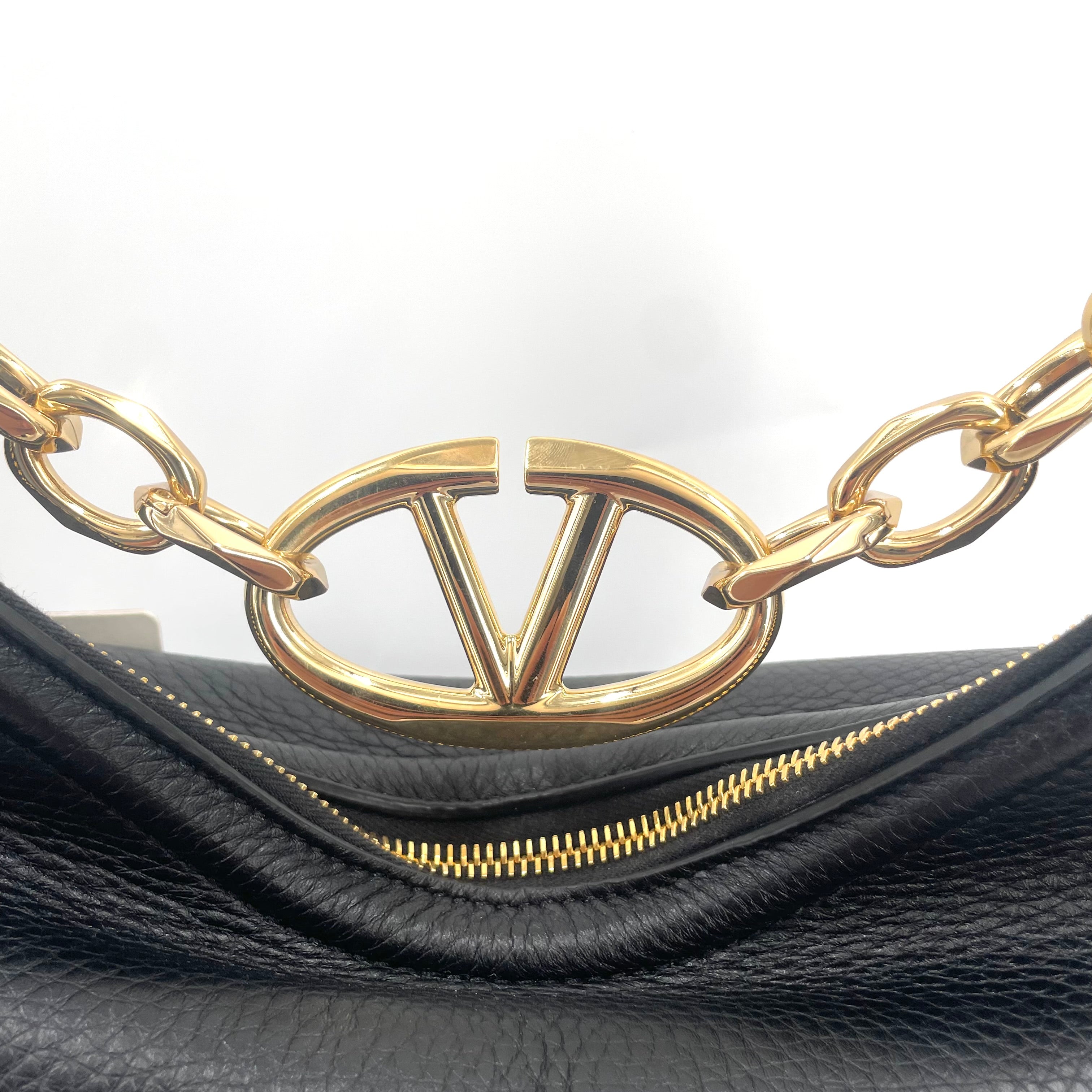 Valentino Garavani VLogo Chain Hobo Shoulder Bag Black Grained Leather Gold Hardware – Brand New with Tags