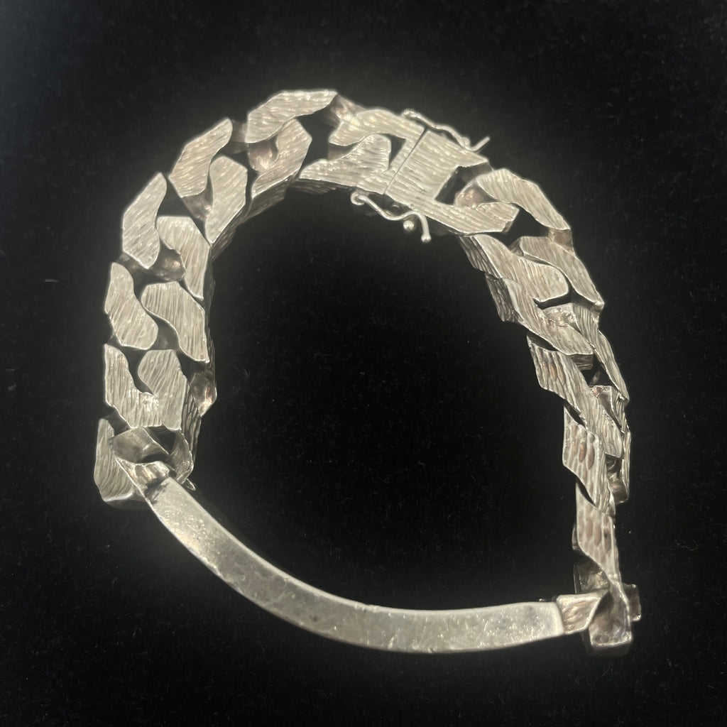 925 Silver Curb Link ID Bracelet Textured Finish 17" 14mm