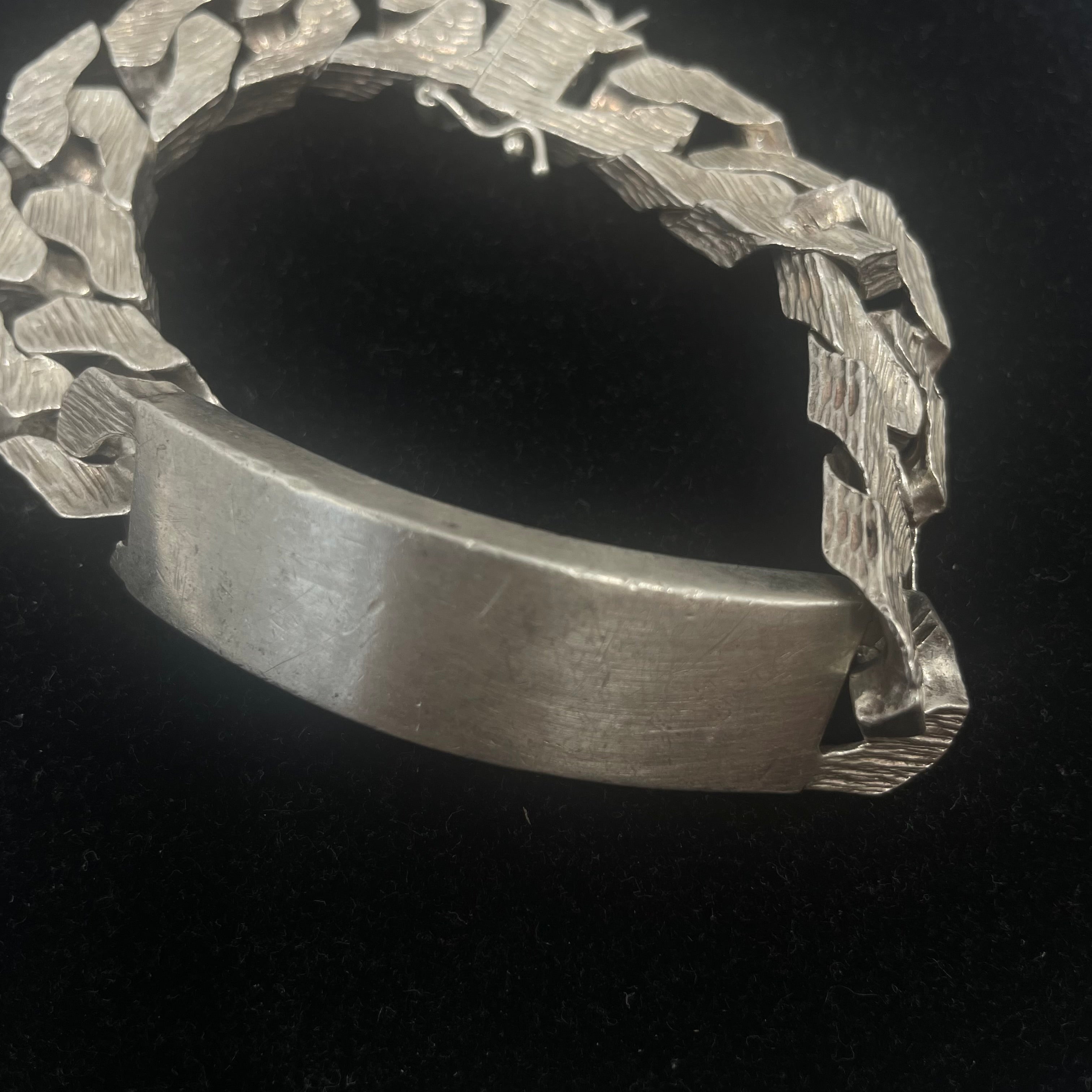 925 Silver Curb Link ID Bracelet Textured Finish 17" 14mm