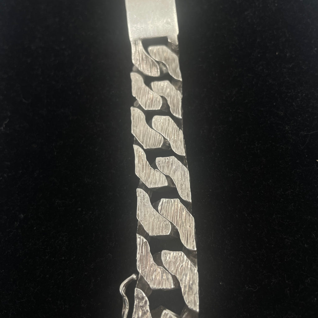 925 Silver Curb Link ID Bracelet Textured Finish 17" 14mm