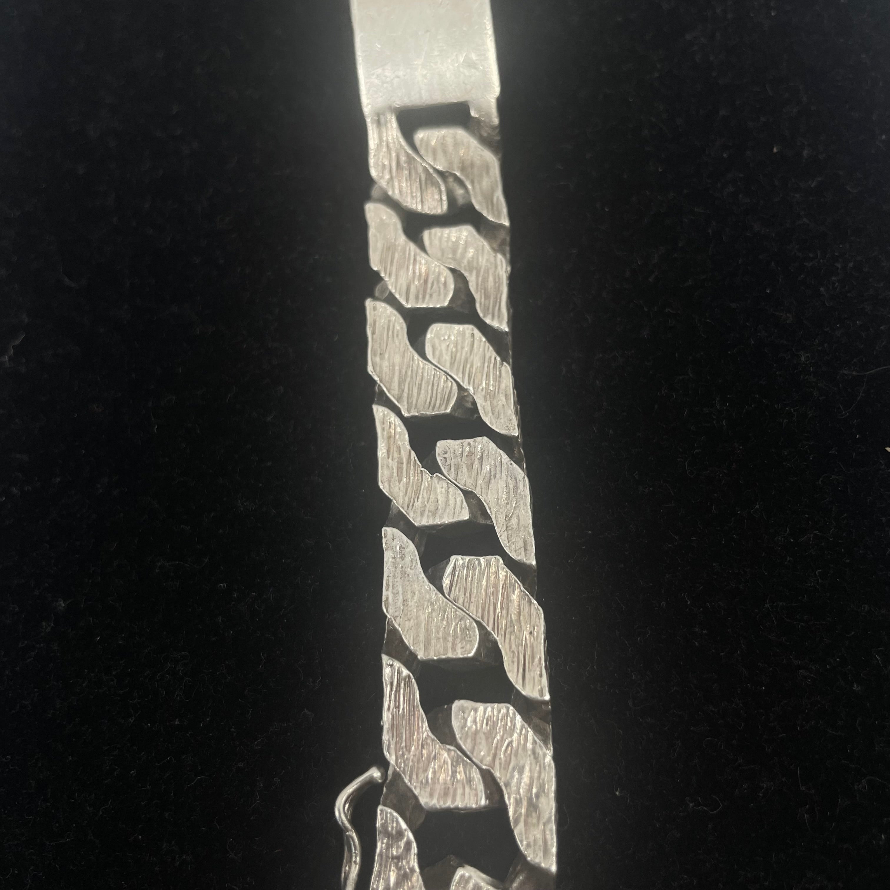 925 Silver Curb Link ID Bracelet Textured Finish 17" 14mm