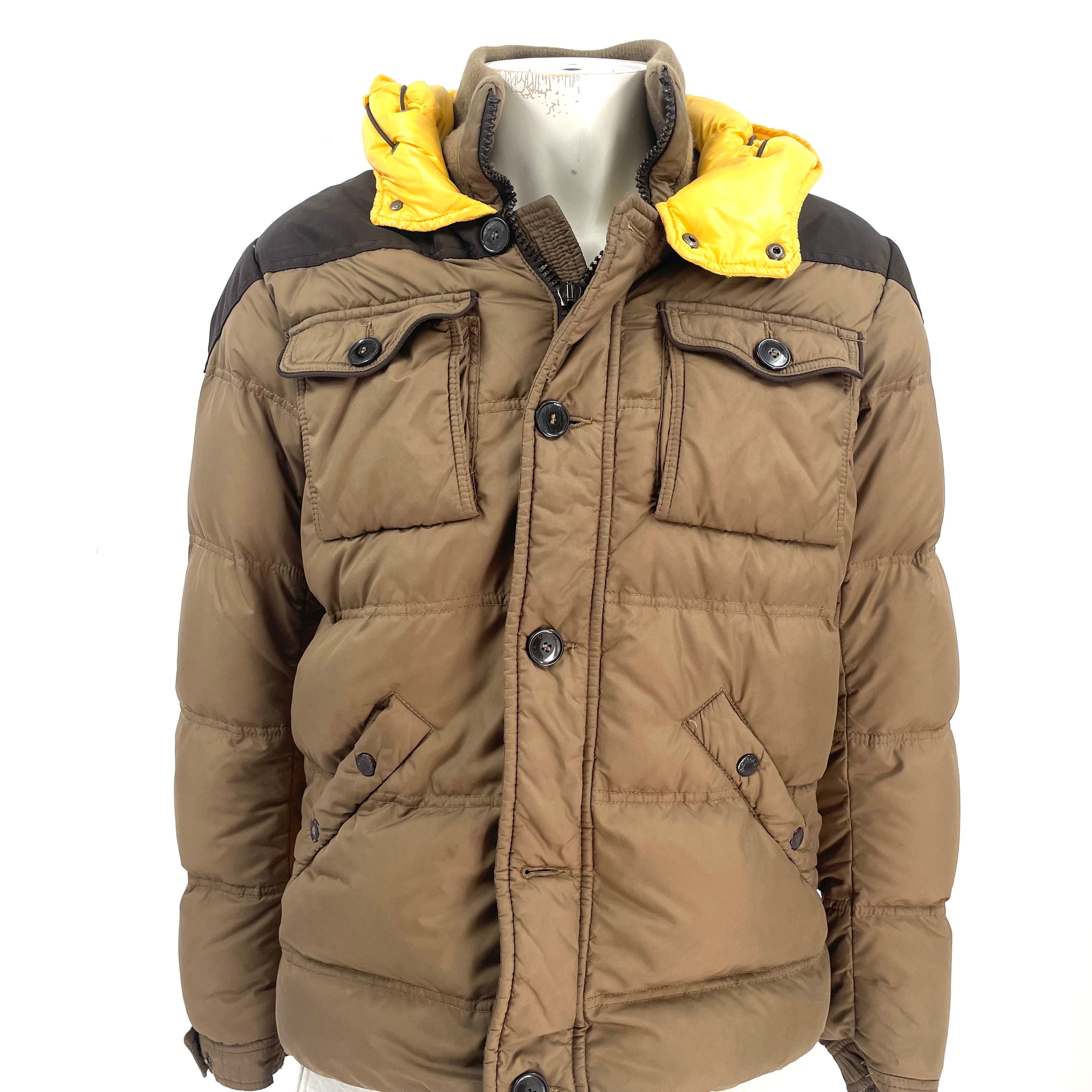 Moncler Brown Quilted Puffer Jacket with Yellow Hood – Size 4