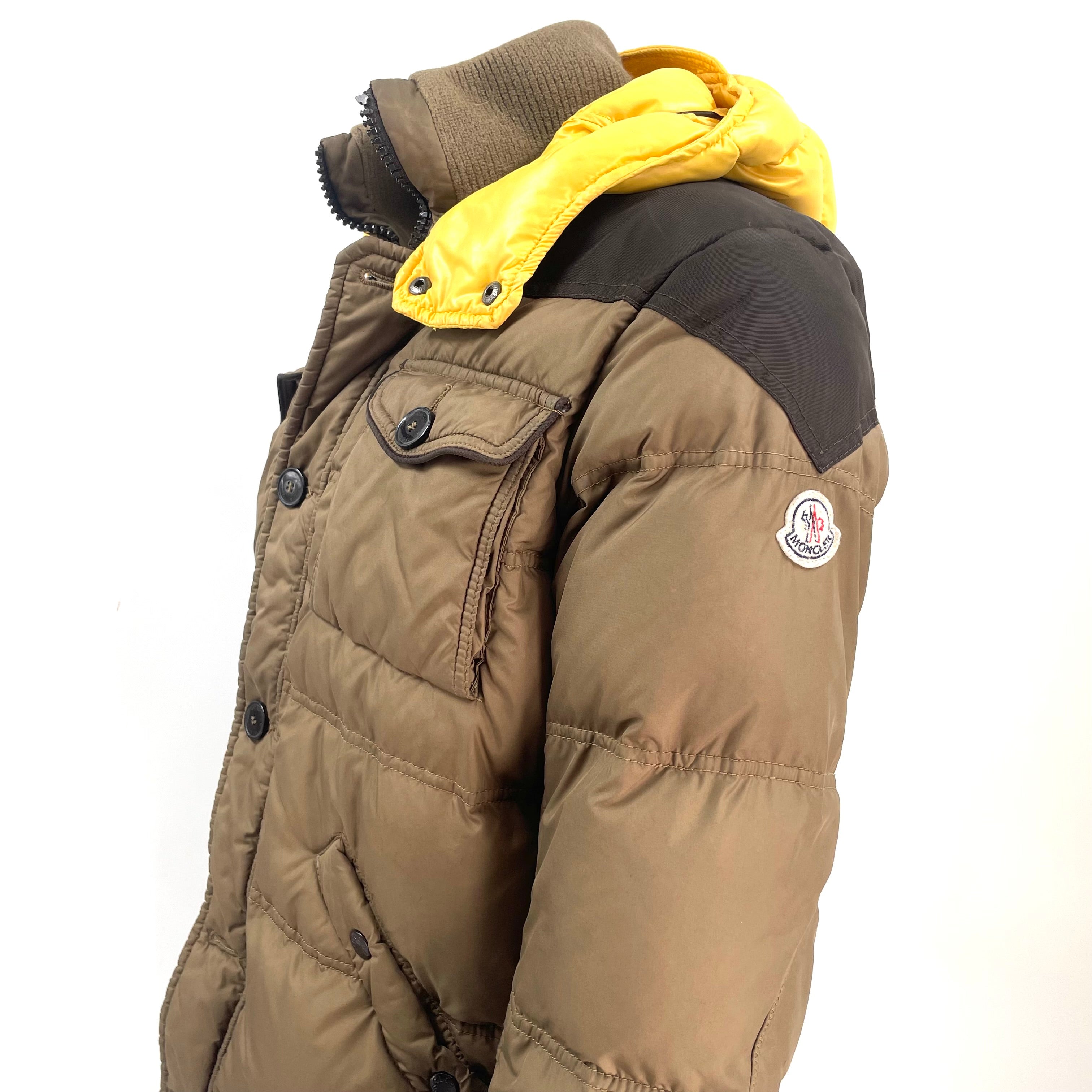 Moncler Brown Quilted Puffer Jacket with Yellow Hood – Size 4