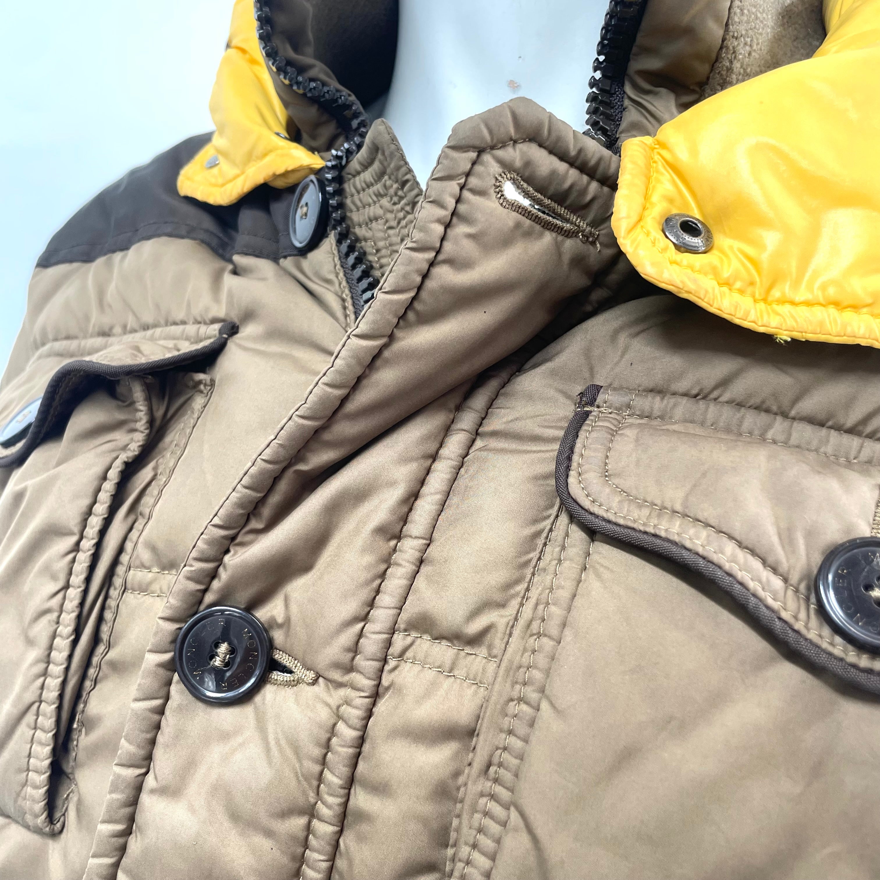 Moncler Brown Quilted Puffer Jacket with Yellow Hood – Size 4