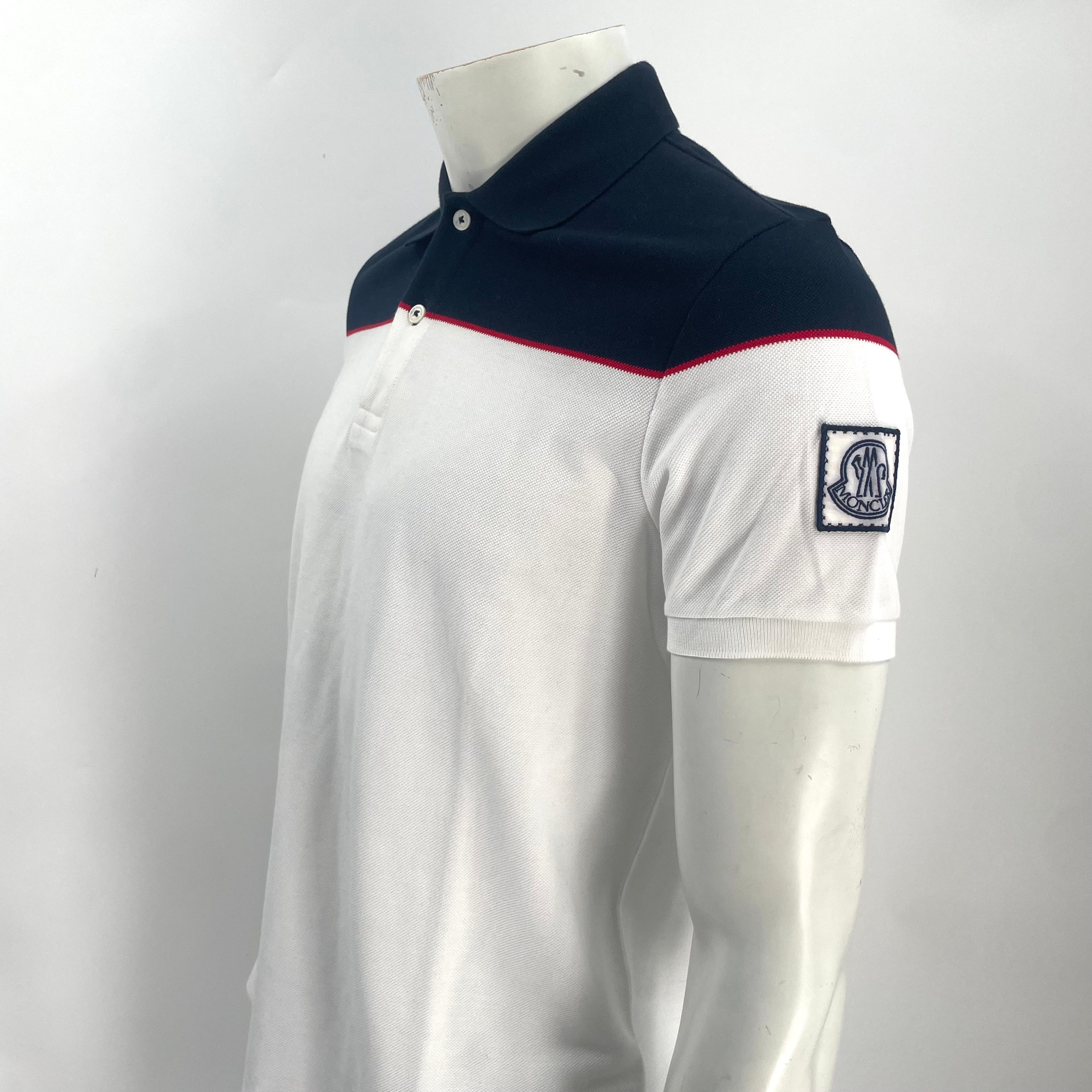 Moncler White & Navy Colorblock Piqué Polo Shirt – Size M – Brand New with Tags