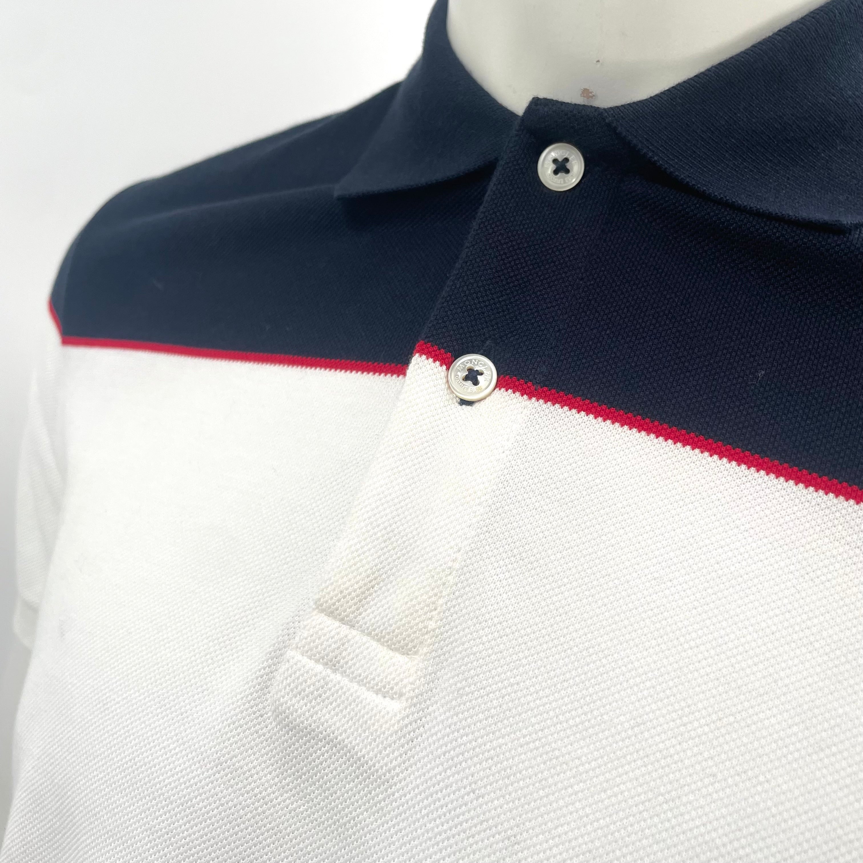 Moncler White & Navy Colorblock Piqué Polo Shirt – Size M – Brand New with Tags