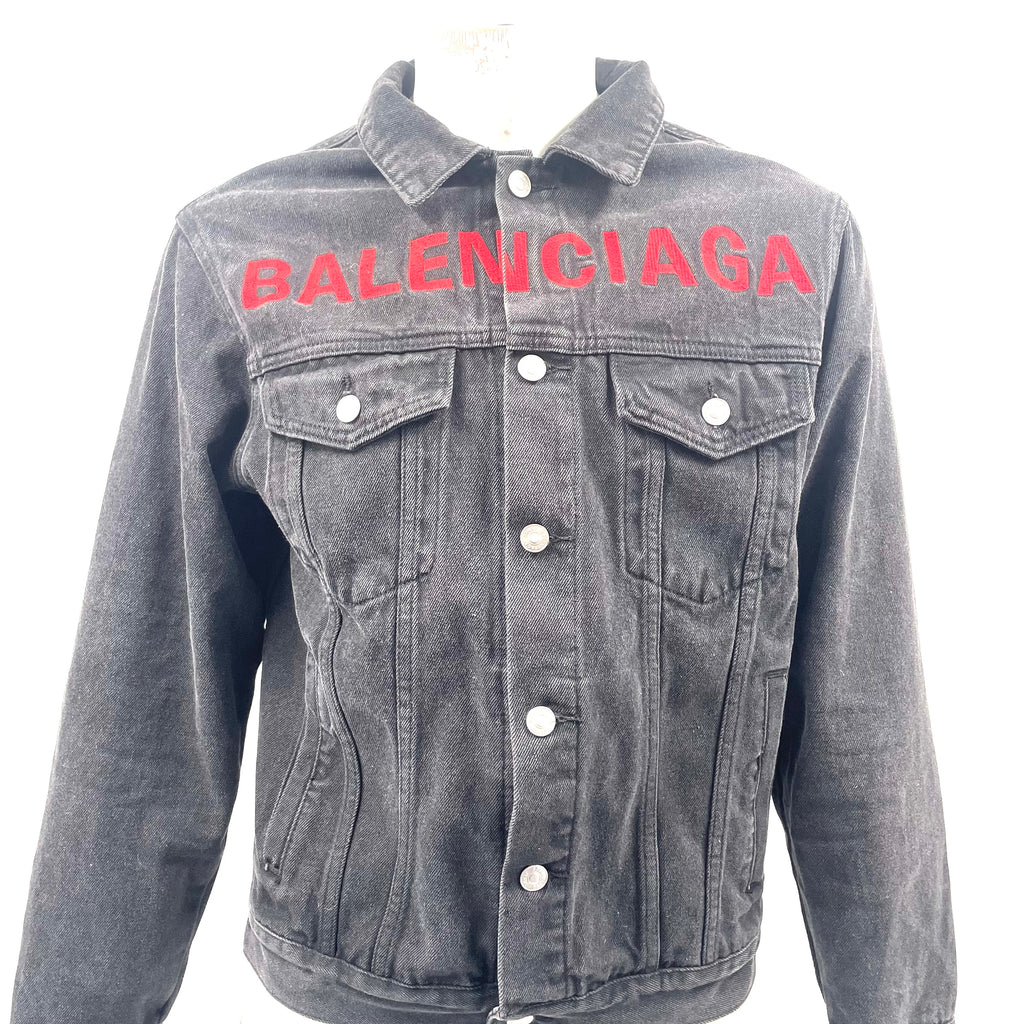 Balenciaga Black Denim Jacket with Red Logo – Size 48