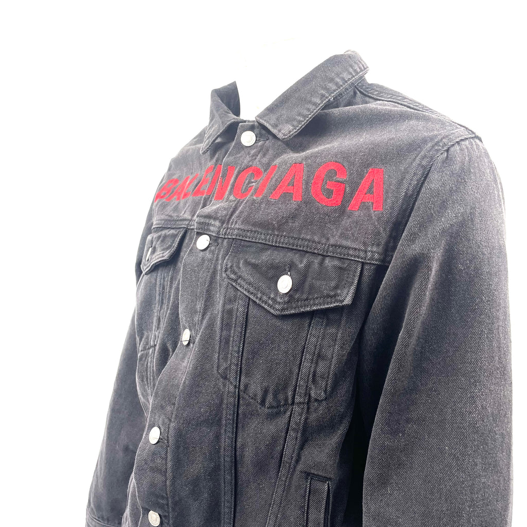Balenciaga Black Denim Jacket with Red Logo – Size 48