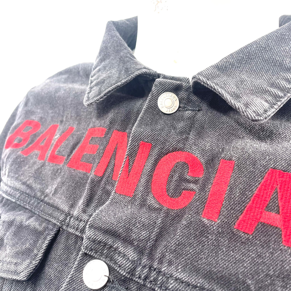 Balenciaga Black Denim Jacket with Red Logo – Size 48