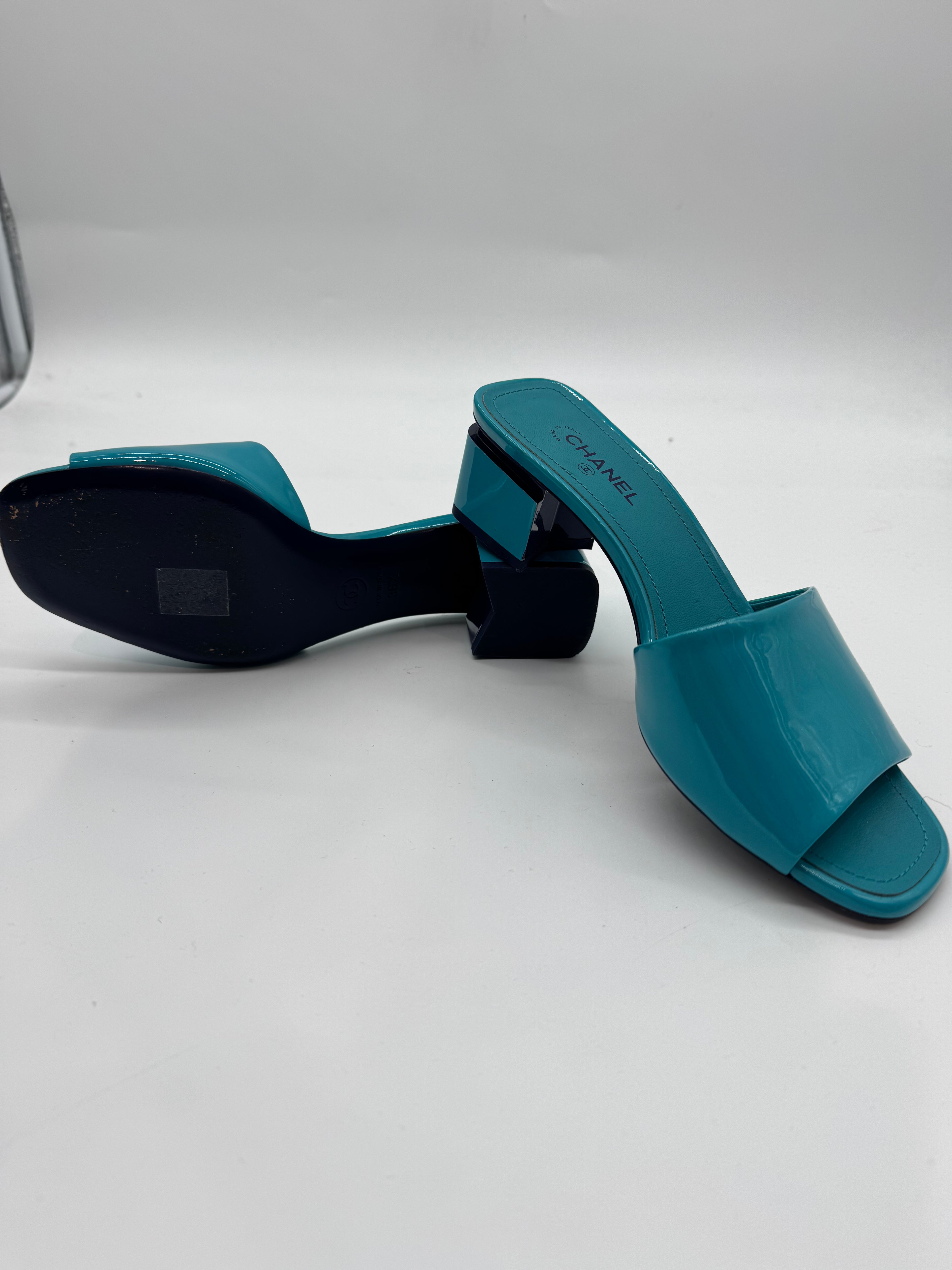 Chanel Patent Leather Block Heel Mule Sandals from the Cruise 2022 Collection (22C)
