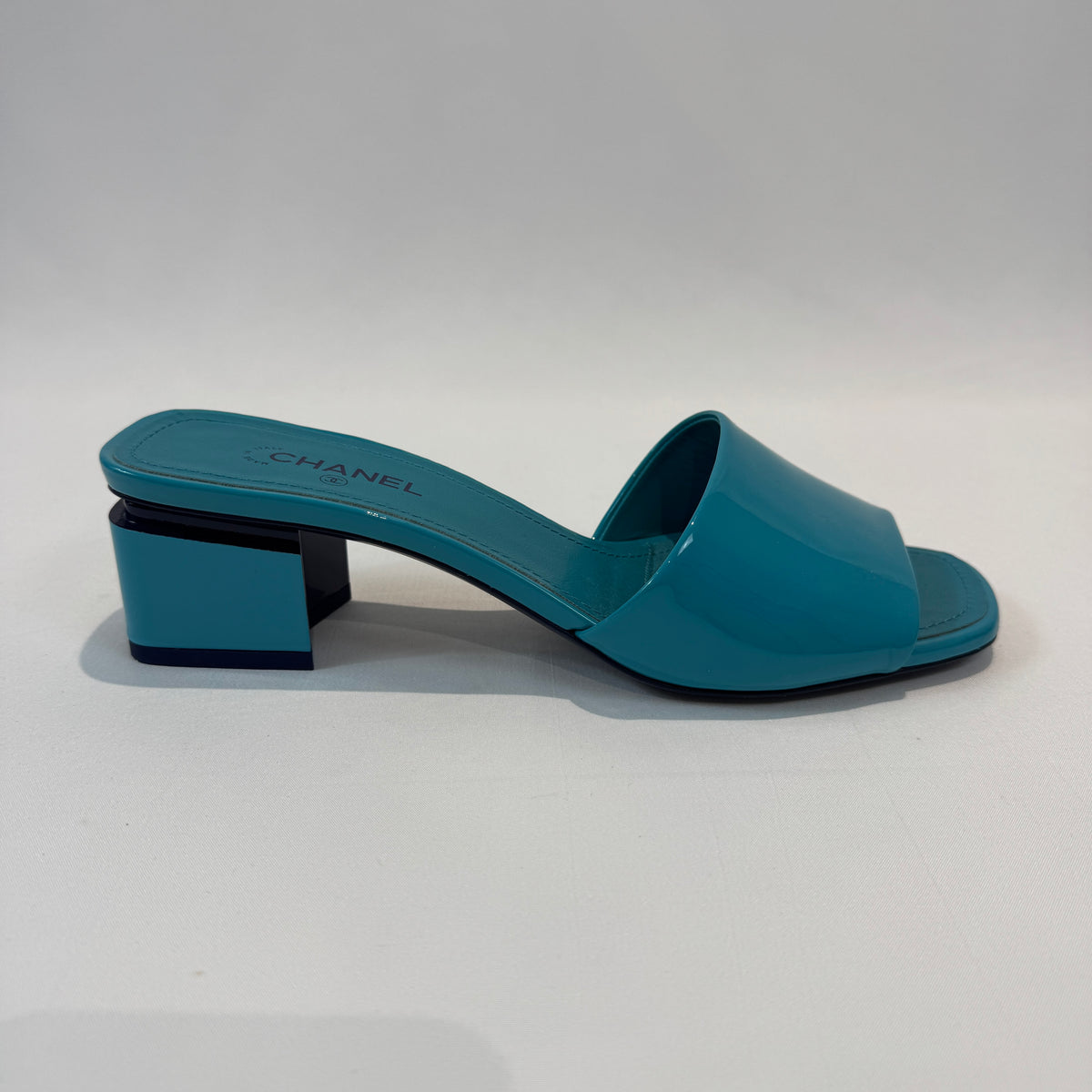Chanel Patent Leather Block Heel Mule Sandals in Turquoise