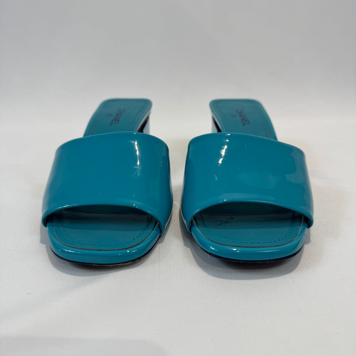 Chanel Patent Leather Block Heel Mule Sandals in Turquoise