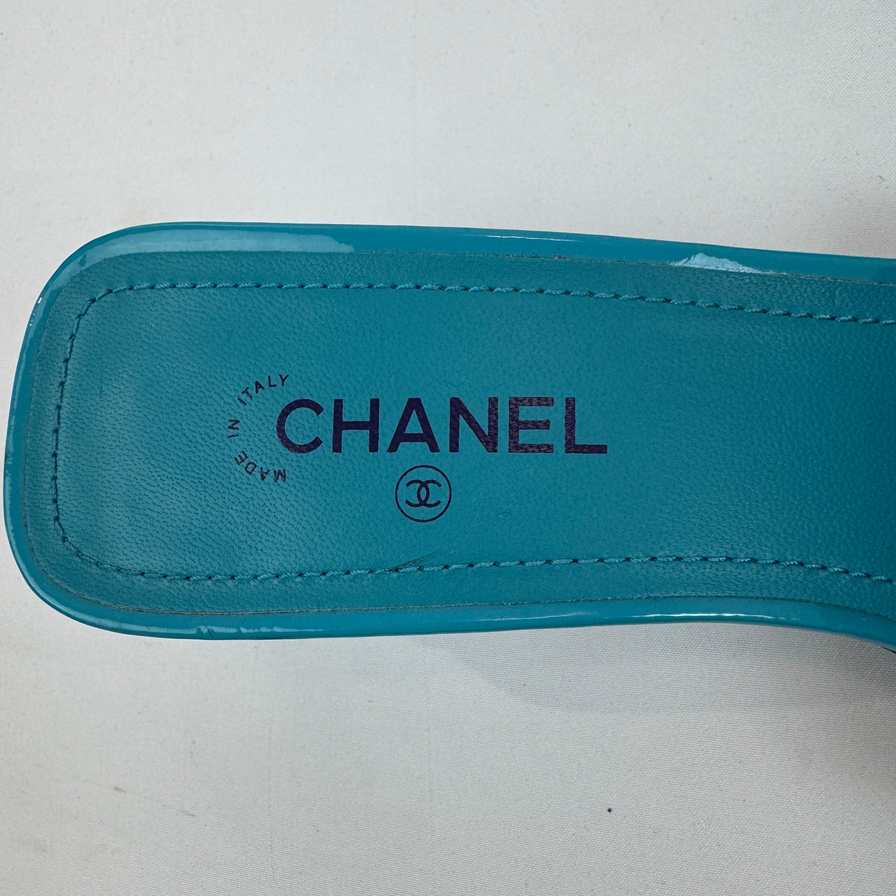 Chanel Patent Leather Block Heel Mule Sandals in Turquoise