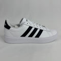 The Adidas Grand Court 2.0 is a casual court-inspired sneaker with a smooth synthetic or leather-like upper, soft