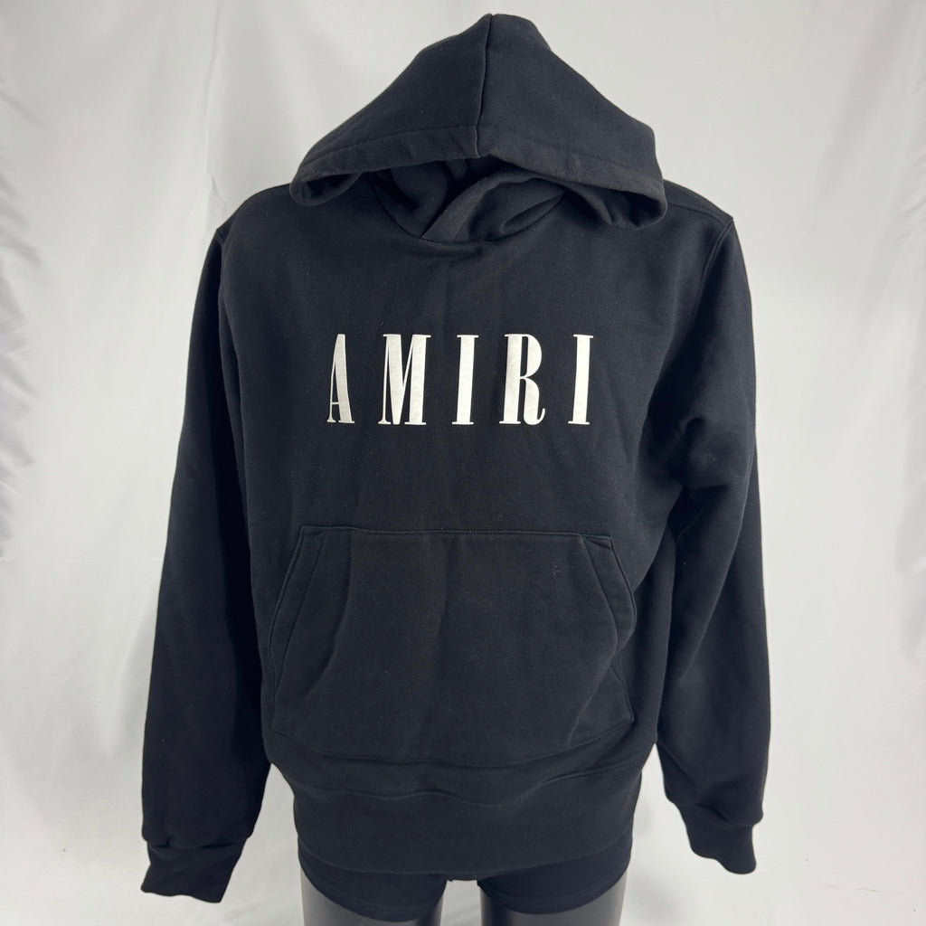 Amiri Black Logo Hoodie crafted from premium cotton, featuring the signature Amiri logo, ribbed trims, and a relaxed fit for