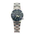 Bell and Ross watch with a metal band, black bezel and face, silver hands, white numerals on a white background with extra straps.