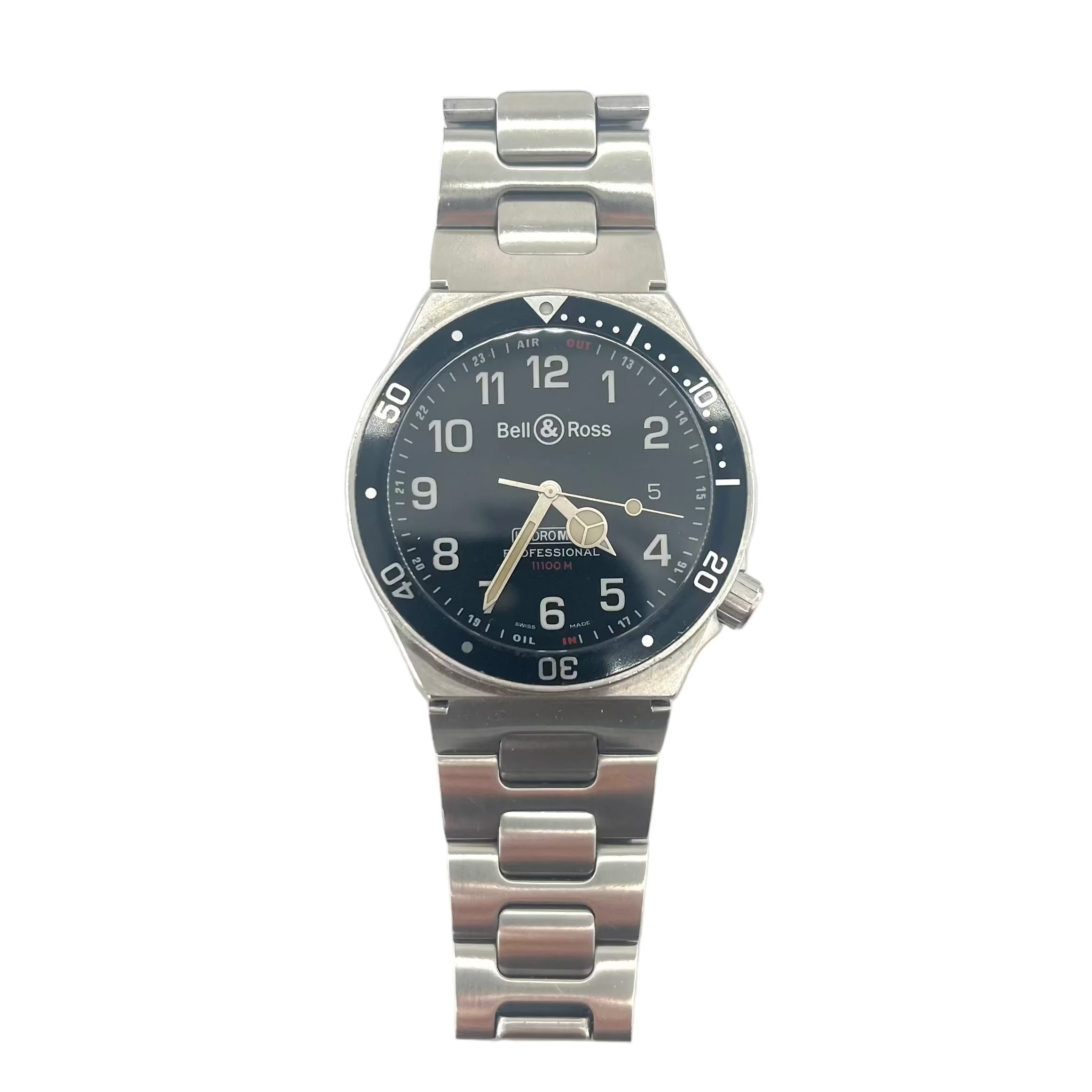 Bell and Ross watch with a metal band, black bezel and face, silver hands, white numerals on a white background with extra straps.