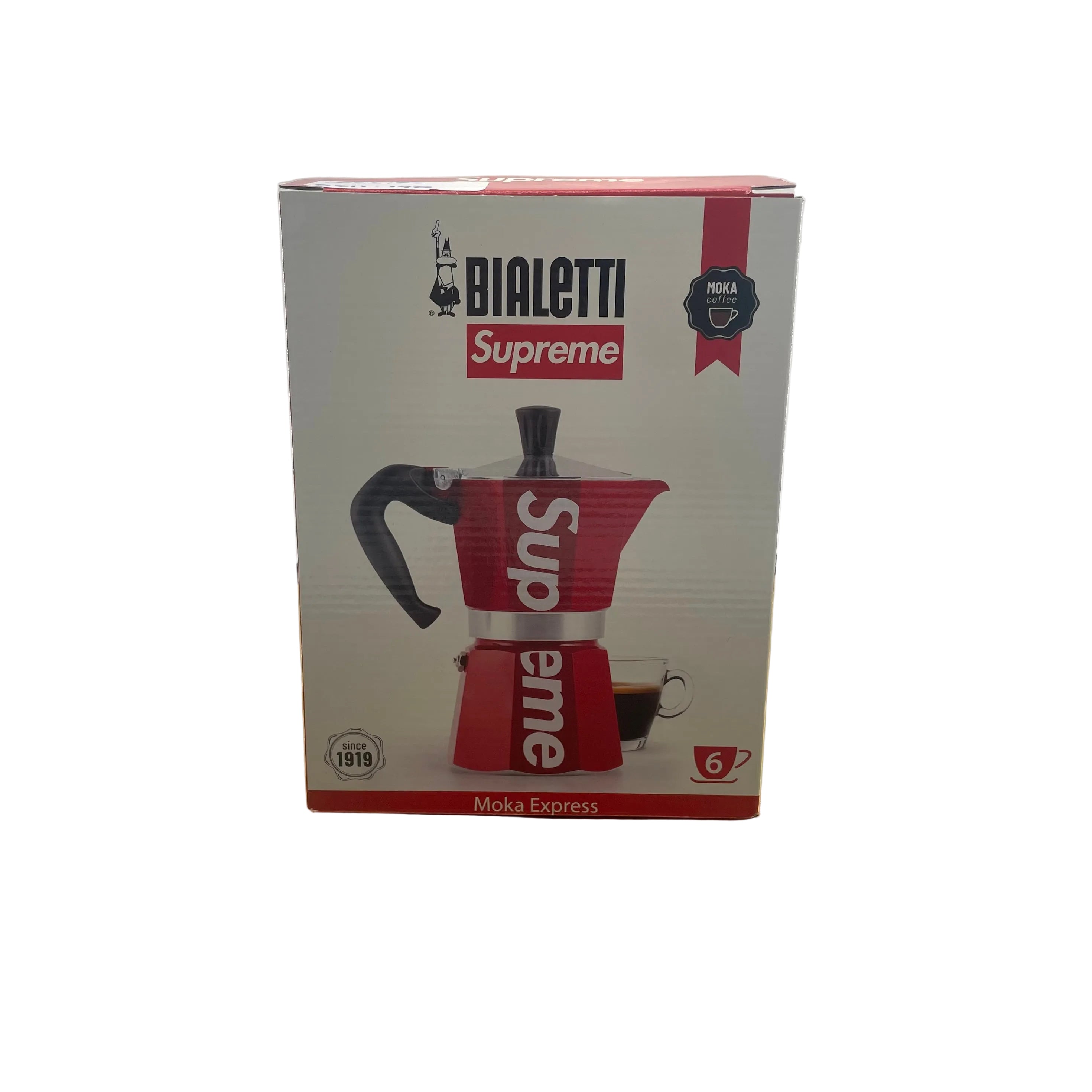 Bialetti x Supreme Moka Express stovetop coffee maker, featuring Supreme’s signature red branding on the classic Bialetti
