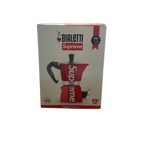 Bialetti x Supreme Moka Express stovetop coffee maker, featuring Supreme’s signature red branding on the classic Bialetti