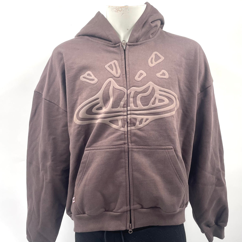 Broken Planet Zip-up Hoodie in Chocolate Brown, in size large.