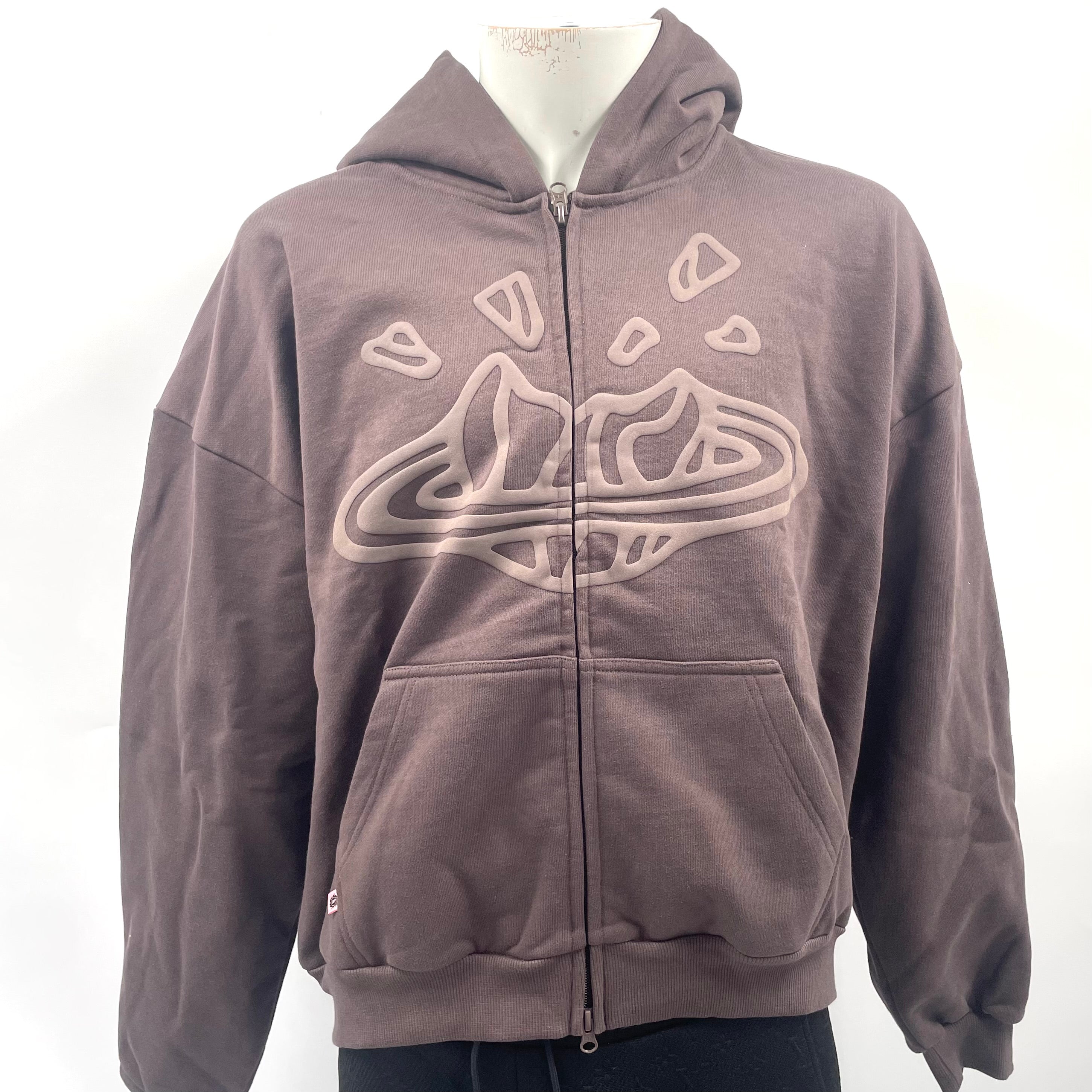 Broken Planet Zip-up Hoodie in Chocolate Brown, in size large.