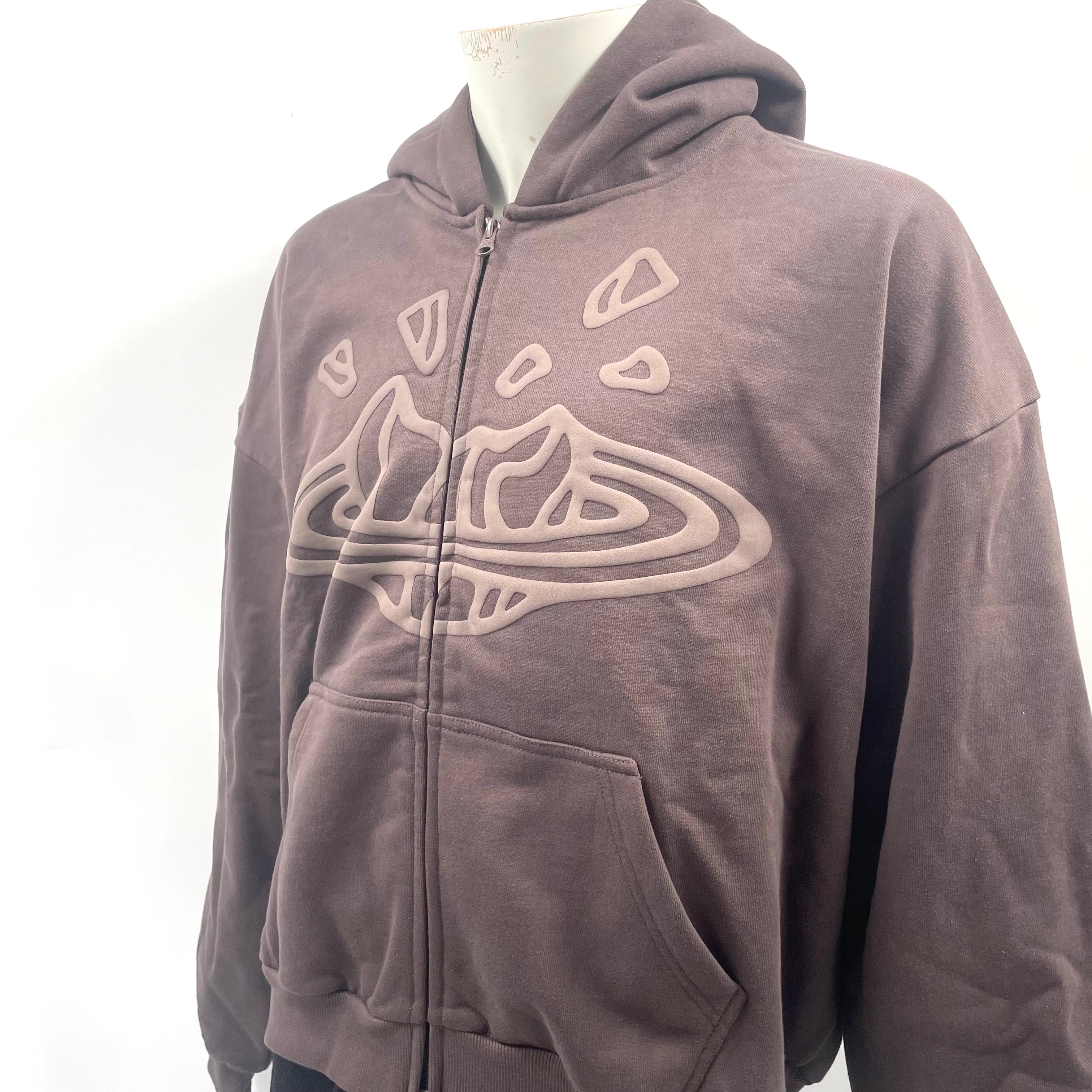 Broken Planet Zip-up Hoodie in Chocolate Brown, in size large.