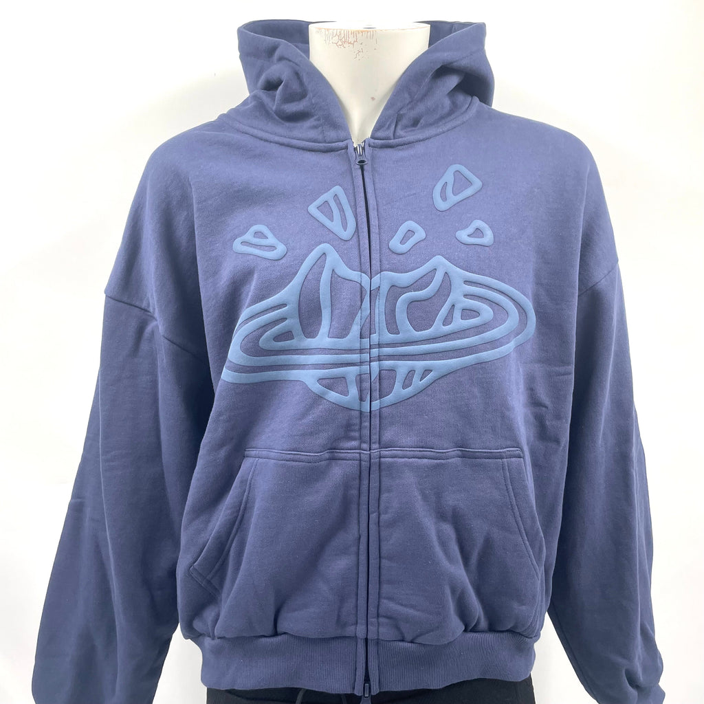 Broken Planet Zip-up Hoodie Navy Blue, in size large.