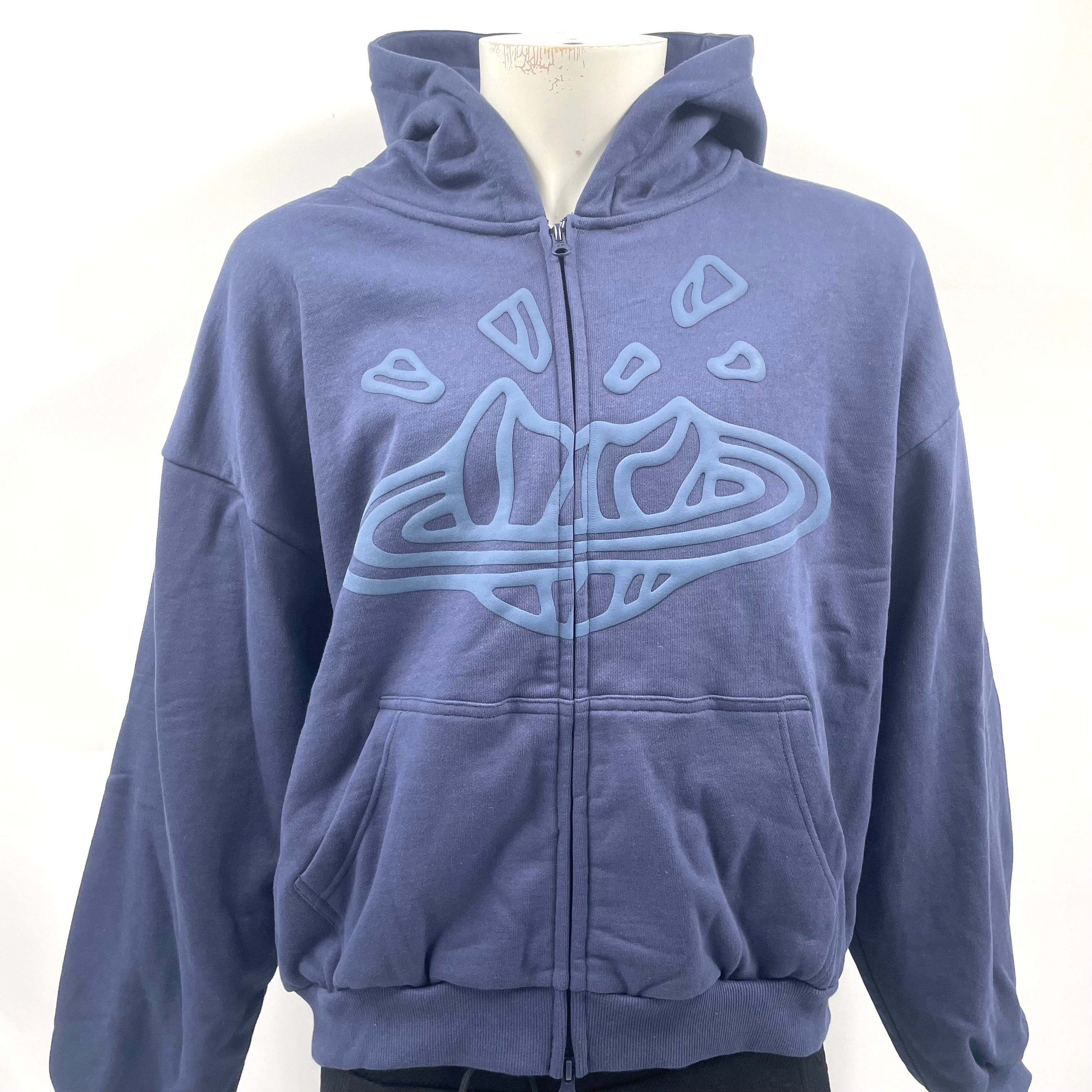 Broken Planet Zip-up Hoodie Navy Blue, in size large.