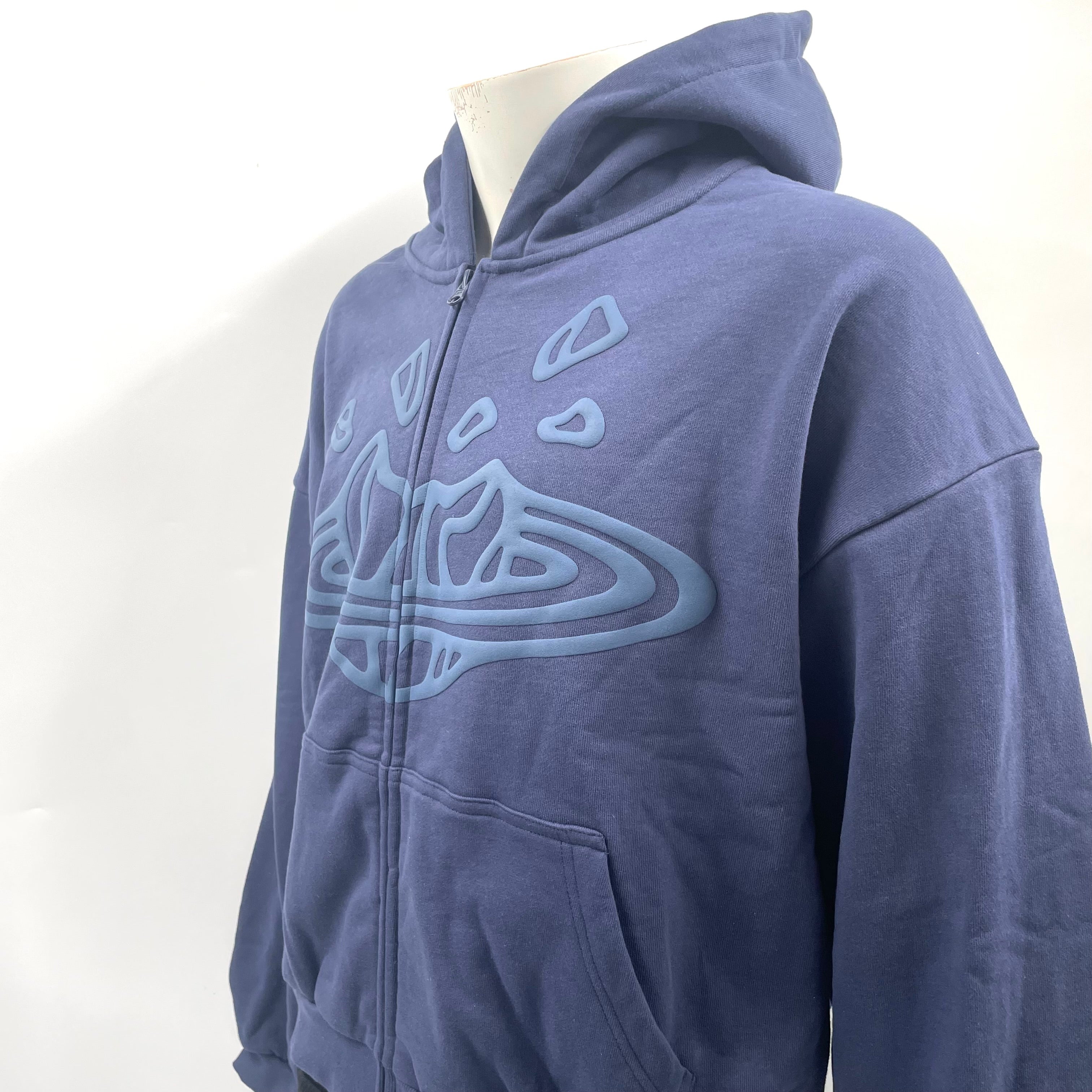 Broken Planet Zip-up Hoodie Navy Blue, in size large.