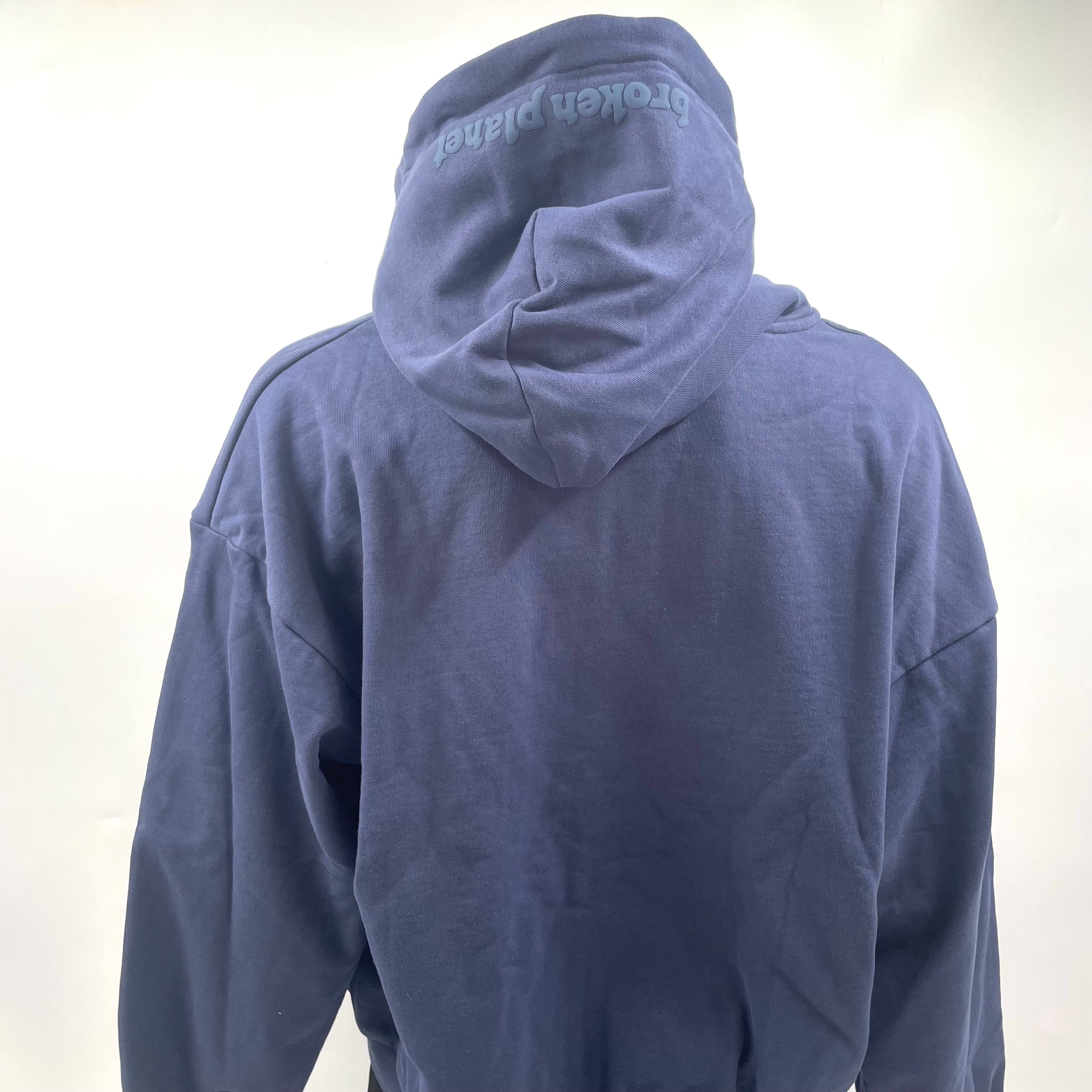 Broken Planet Zip-up Hoodie Navy Blue, in size large.