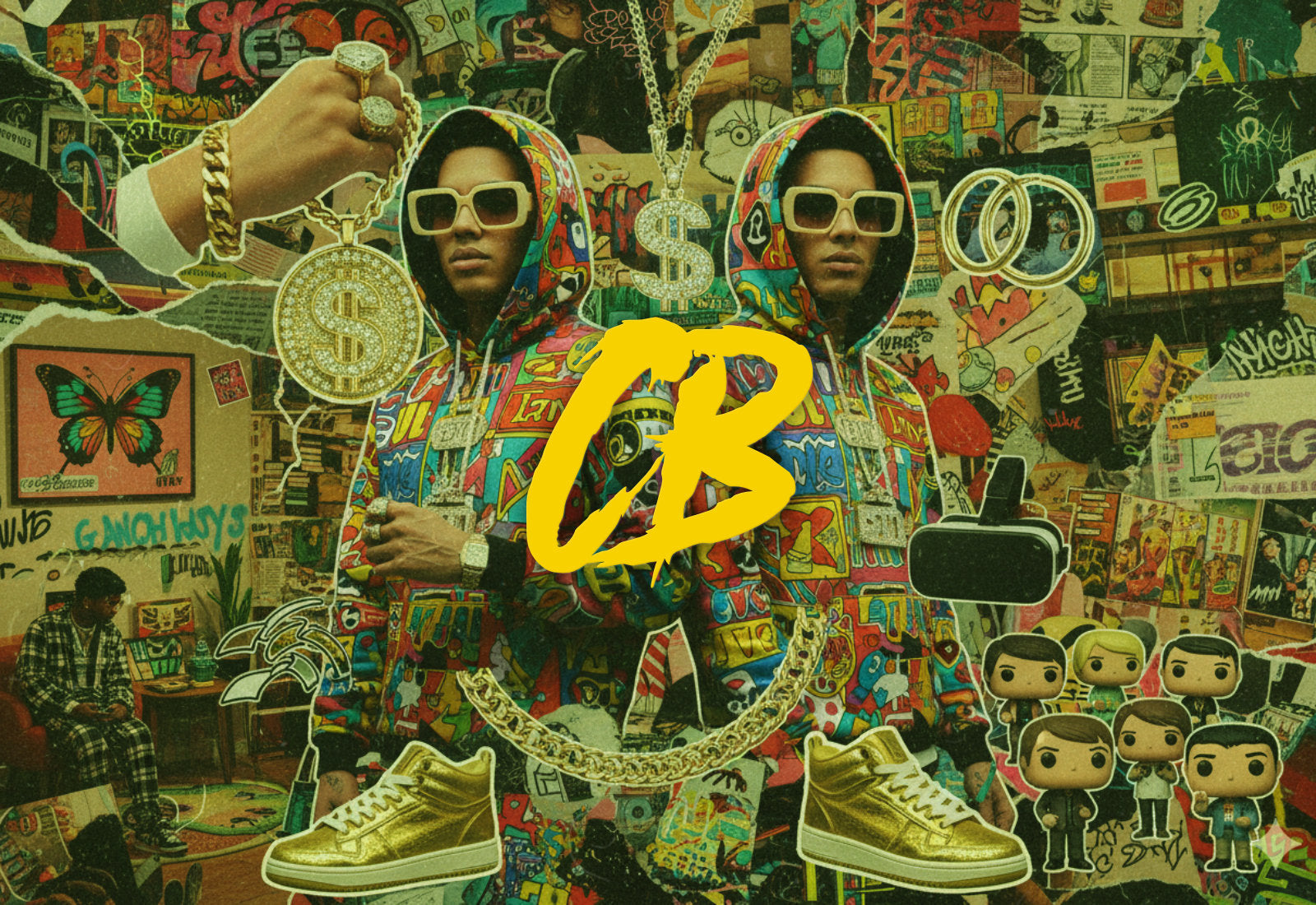 Yellow CB Stores logo over a graffiti-style collage featuring streetwear, jewellery, trainers and collectables.