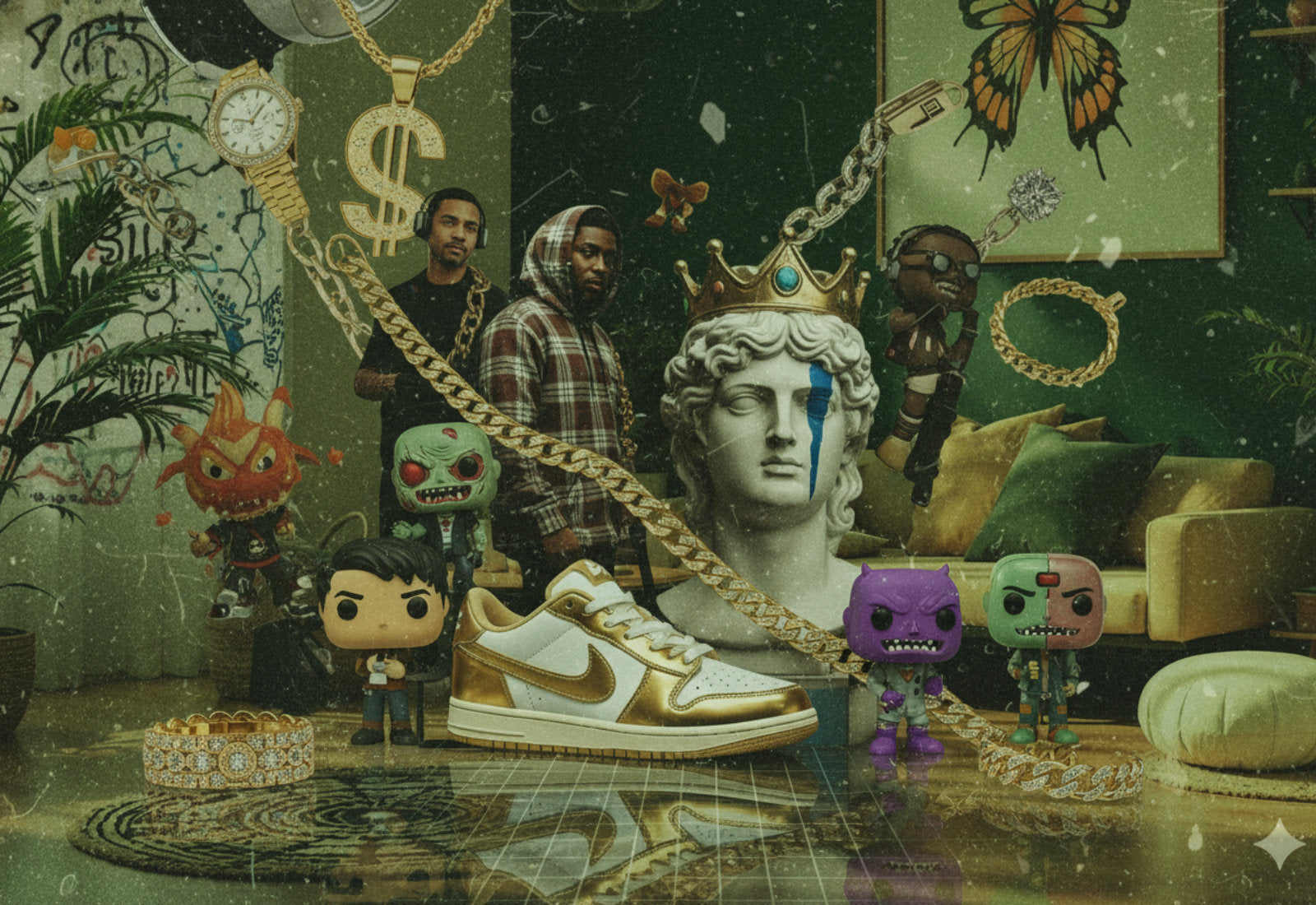A graffiti-style collage featuring streetwear, jewellery, trainers and collectables.