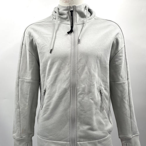 CP Company Hooded Zipup Grey crafted from premium fabric, featuring a full zip closure, adjustable hood, signature C.P.