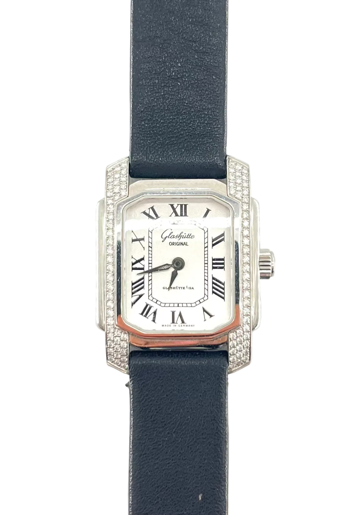Glashutte watch with a white dial, black Roman numerals, small seconds subdial, diamond-set case sides and a black leather strap.