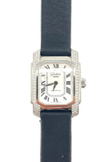 Glashutte watch with a white dial, black Roman numerals, small seconds subdial, diamond-set case sides and a black leather strap.