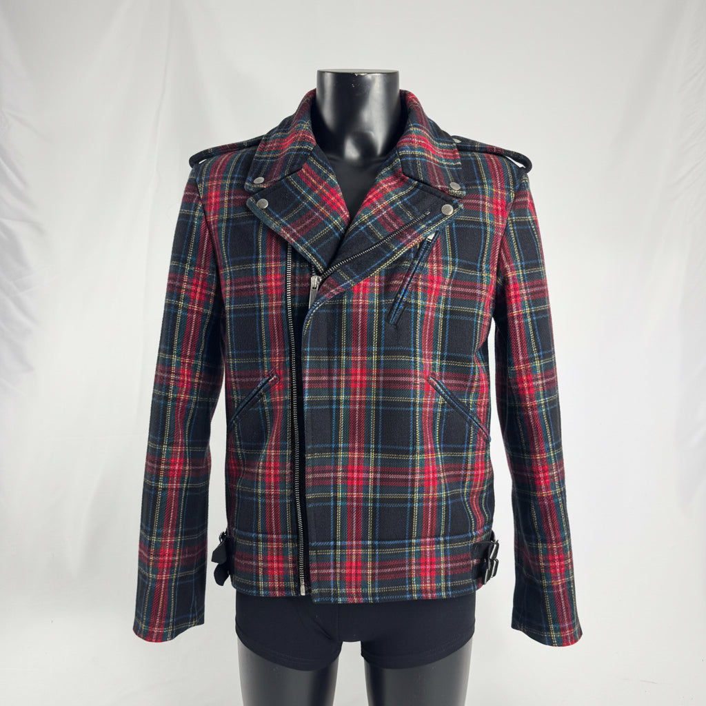 Gucci Tartan Wool Biker Jacket crafted from premium wool with a bold tartan pattern, featuring a classic biker design, zip